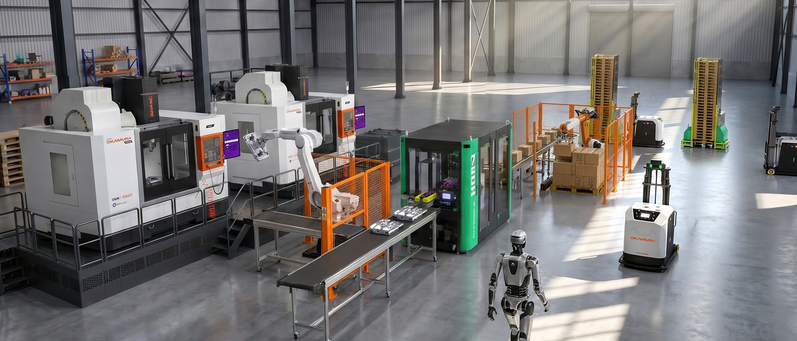 Célula automatizada Alltech com centros de usinagem Okamura, braço robótico, esteira, paletização e AMR